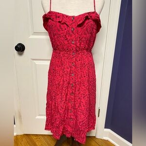 Universal Thread red dress with black floral print, buttons in front, medium
